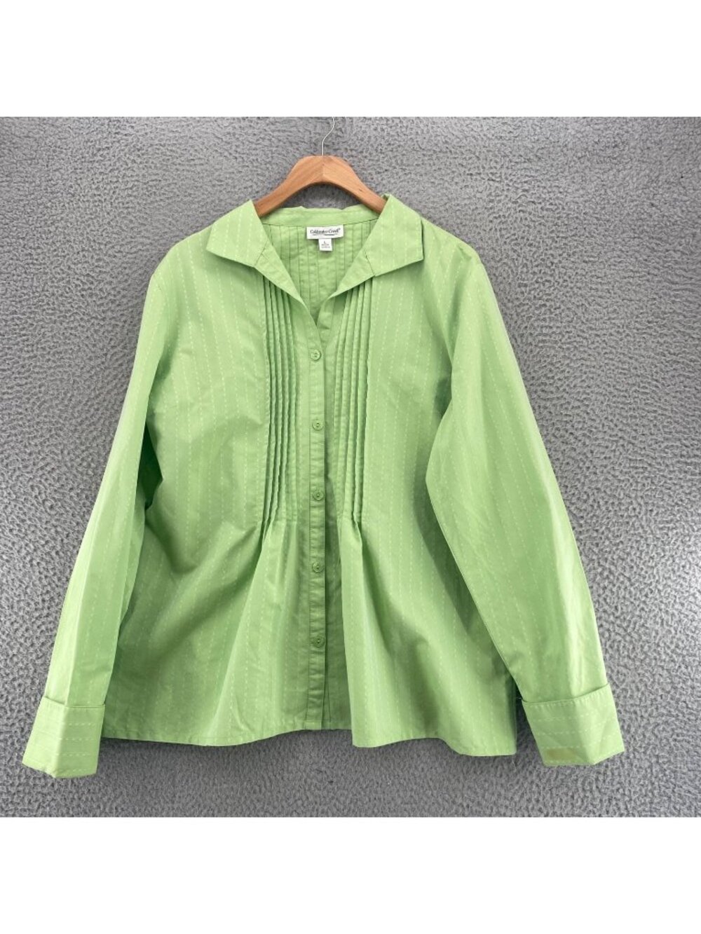 Coldwater Creek Shirt Womens Large Green Tonal Stripes Knife Pleats Long Sleeve